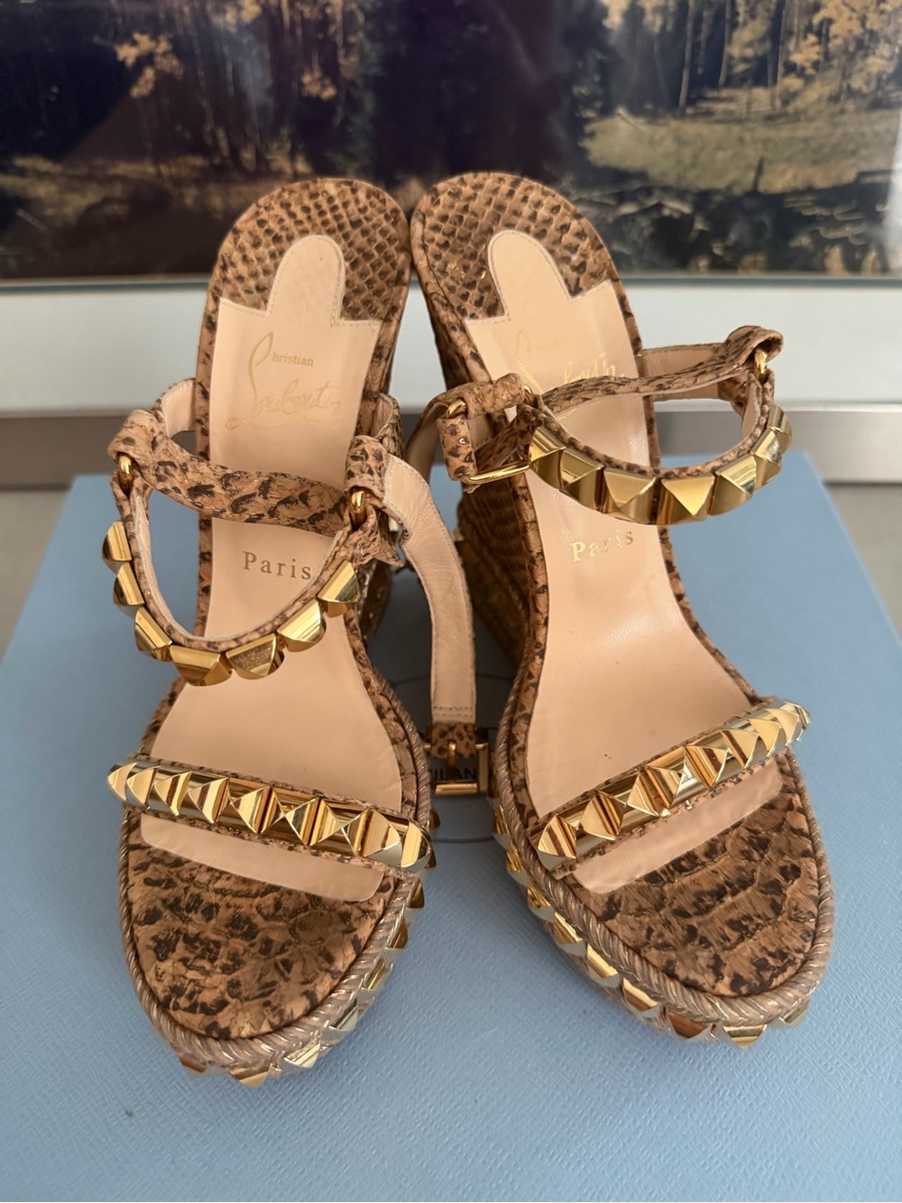 Christian Louboutin Brown Snakeskin-Print Wedge Sandals with Gold Studs